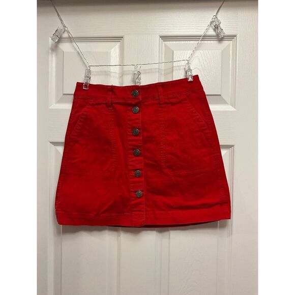J Crew Mercantile Red Button Front A-Line Mini Skirt Casual Summer Cotton Size 2 - Picture 4 of 5